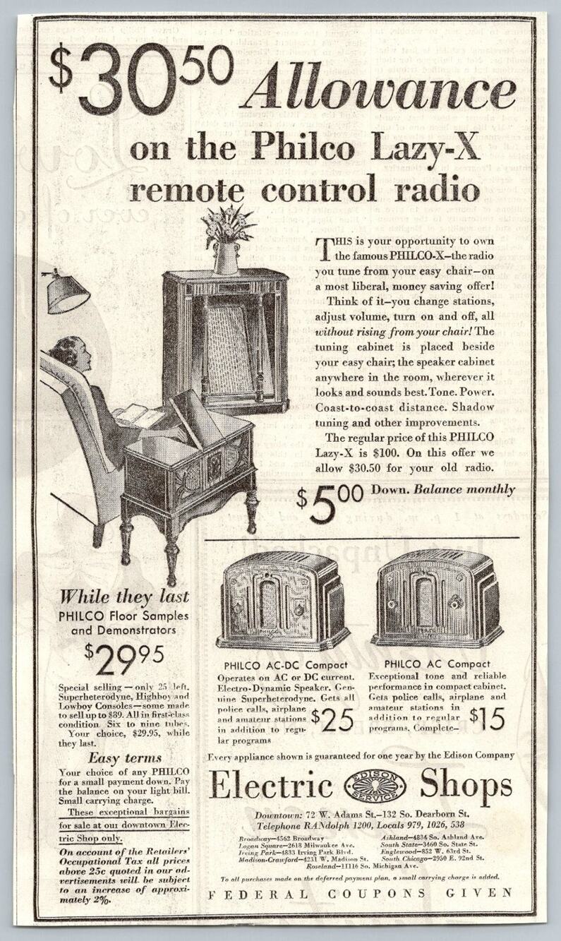 1930s Philco Lazy X Remote Control Radio Ad Edison Electric Shops Chicago